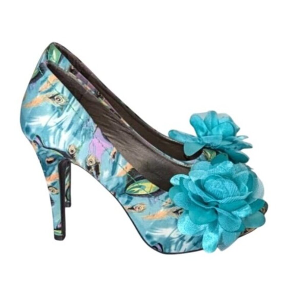 Teal Floral Peep-Toe Heels with Fabric Flower Accent